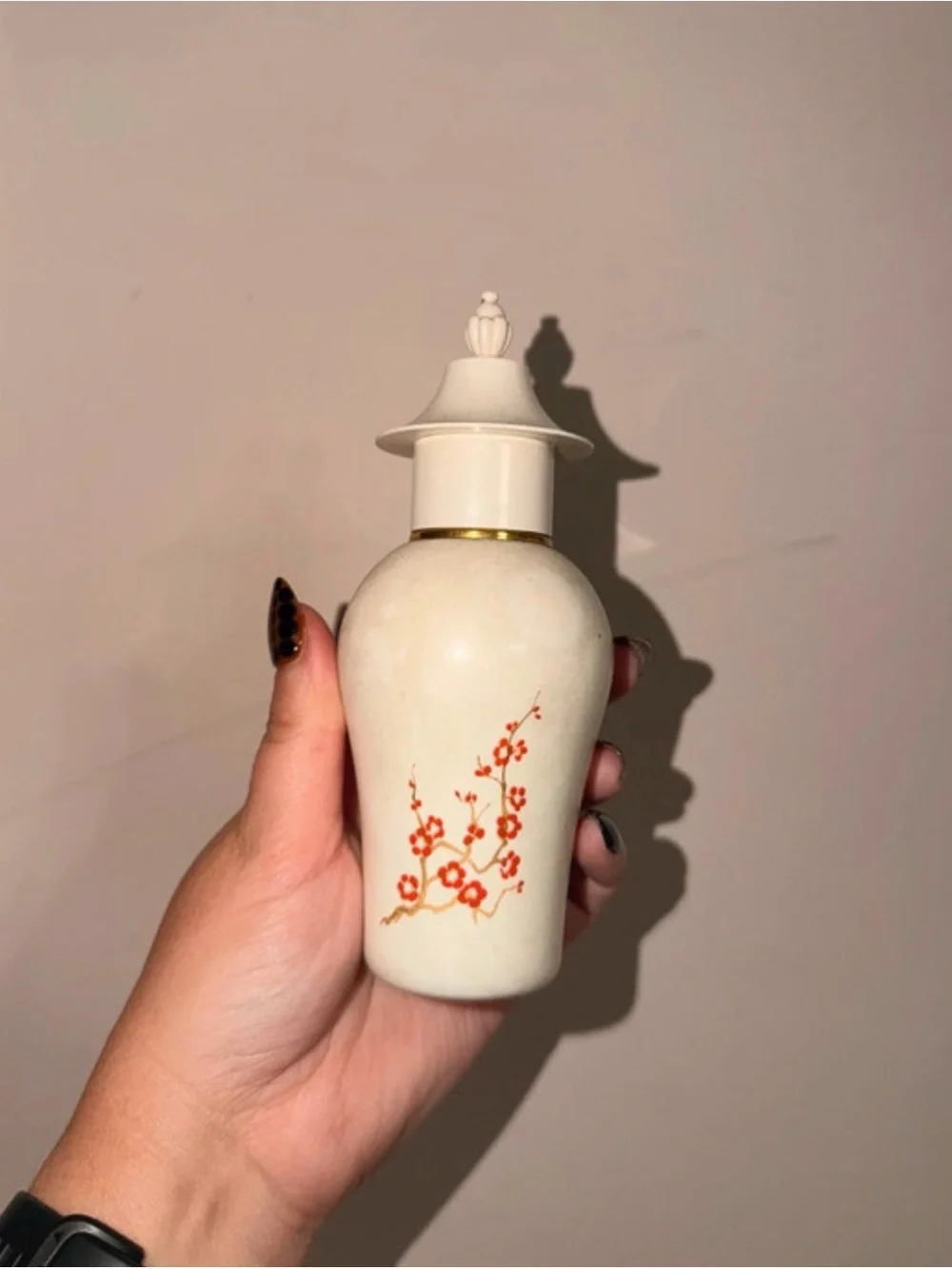 Elegant Cream Ceramic Scent Bottle with Red Floral Motif - Avon